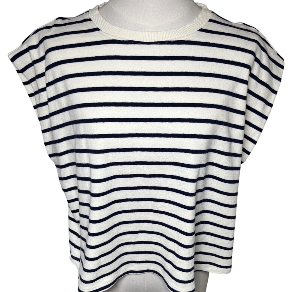 Nautical Stripe Cap Sleeve Top Cotton Blend Blue White Marled Essentials L